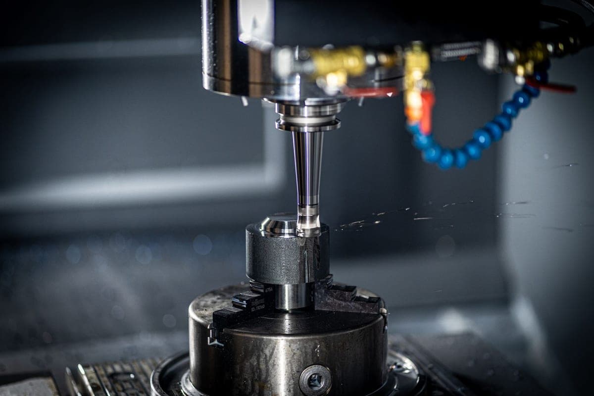 Milling spindle and tool holder cutting a steel workpiece under flood coolant